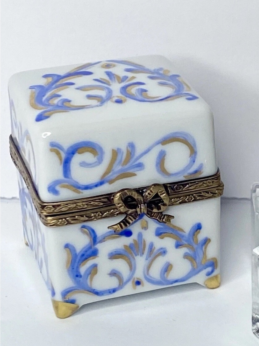 Limoges White Porcelain Trinket Box with Blue and Gold Filigree